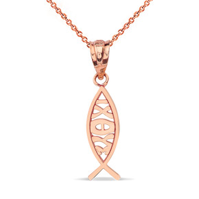 Solid Rose Gold ichthus (ichthys) Greek Jesus Fish Pendant Necklace