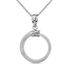 Solid White Gold  Egyptian Alchemy Ouroboros Snake Circle Pendant Necklace