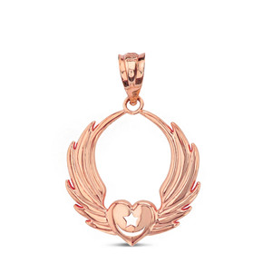 Solid Rose Gold Winged Heart with Star & Crescent Islam Sufi Order Pendant Necklace