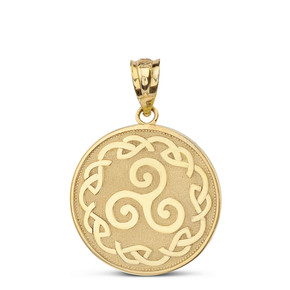 Triskele Triple Spiral Celtic Disc Pendant Necklace in Solid Gold (Yellow/Rose/White)