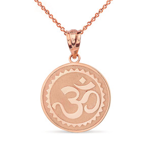 Solid Rose Gold Hindu Spiritual Symbol Om Yoga Disc Pendant Necklace