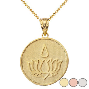 Lotus Flower Blossom with Teardrop Disc Pendant Necklace in Solid Gold (Yellow/Rose/White)