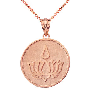Solid Rose Gold Lotus Flower Blossom with Teardrop Disc Pendant Necklace