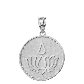 Solid White Gold Lotus Flower Blossom with Teardrop Disc Pendant Necklace