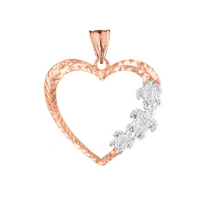 Hawaiian Honu Turtles  Heart Pendant Necklace in Two-Tone Rose Gold