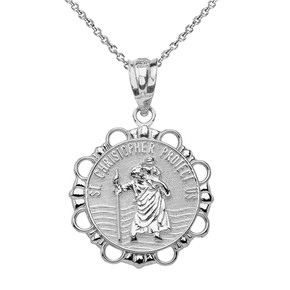 Solid White Gold Round Saint Christopher Pendant Necklace