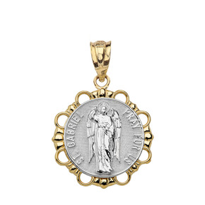 Solid Two Tone Yellow Gold Round Saint Gabriel Pendant Necklace