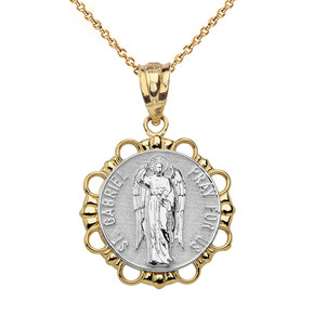 Solid Two Tone Yellow Gold Round Saint Gabriel Pendant Necklace