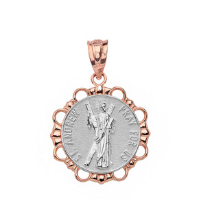 Solid Two Tone Rose Gold Round Saint Andrew Pendant Necklace
