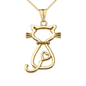 Openwork Backwards Cat Pendant Necklace in Yellow Gold