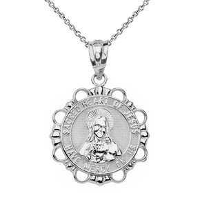 Sterling Silver Round Sacred Heart Pendant Necklace