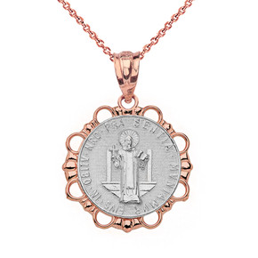 Solid Two Tone Rose Gold Round Saint Benito Pendant Necklace