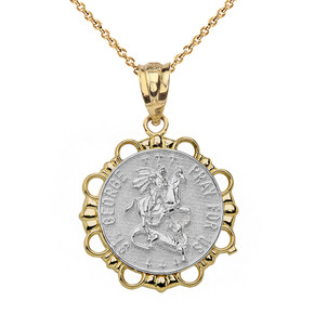 Solid Two Tone Yellow Gold Round Saint George Pendant Necklace