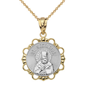 Solid Two Tone Yellow Gold Round Saint Nectarios Pendant Necklace