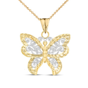 Filigree Butterfly Pendant Necklace in Two-Tone Yellow Gold