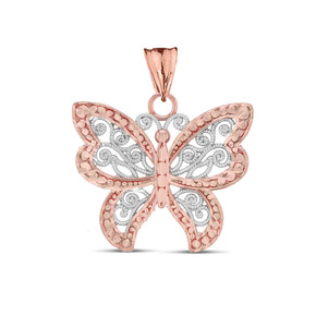 Filigree Butterfly Pendant Necklace in Two-Tone Rose Gold