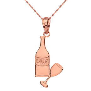 Solid Rose Gold Wine Bottle and Glass Pendant Necklace