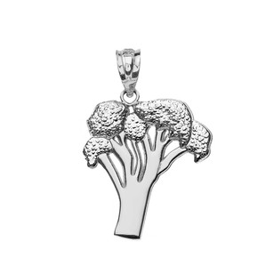 Solid White Gold Broccoli Vegetable Pendant Necklace