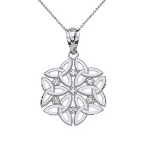 Sterling Silver CZ Triquetra Celtic Dara Endless Knot Pendant Necklace