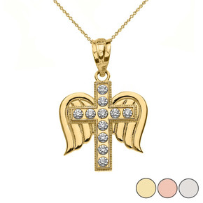 Diamond Cross with Angel Wings Pendant Necklace in Gold (Yellow/Rose/White)