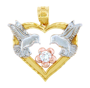 Gold Pendants - Three Tone Gold Heart Pendant with Lovebirds and Flower