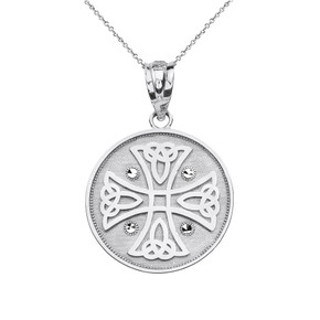 Solid White Gold Diamond Cut Celtic Knot Cross Disc Medallion Pendant Necklace