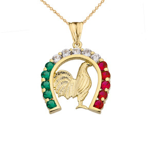 Mexican Horseshoe with Rooster Pendant Necklace in Yellow Gold