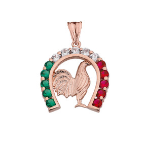 Mexican Horseshoe with Rooster Pendant Necklace in Rose Gold