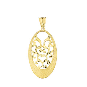 Handmade Designer Bohemian Filigree Oval Statement Pendant Necklace in Solid Yellow Gold
