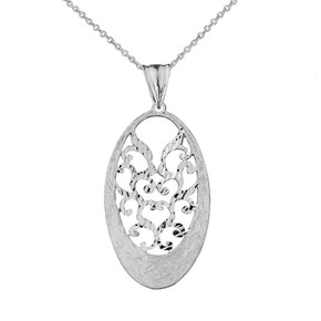 Handmade Designer Bohemian Filigree Oval Statement Pendant Necklace in Solid White Gold