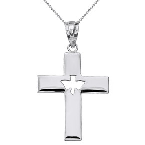 Solid White Gold Cross with Dove Holy Spirit Cut Out Pendant Necklace