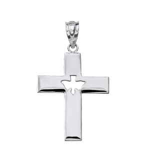 Solid White Gold Cross with Dove Holy Spirit Cut Out Pendant Necklace