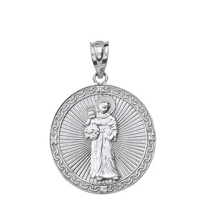 Solid White Gold Engravable Diamond Saint Anthony Pray For Us Circle Pendant Necklace 1.17"