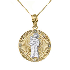 Solid Two Tone Gold Engravable Diamond Saint Anthony Pray For Us Circle Pendant Necklace 1.06"