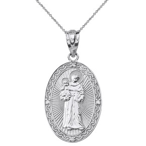 Sterling Silver Engravable CZ Saint Anthony Pray For Us Oval Pendant Necklace 1.20"