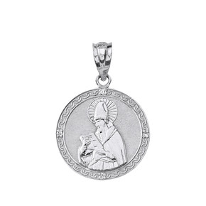 Solid White Gold Engravable Diamond Saint  Augustine Circle Pendant Necklace 1.06"