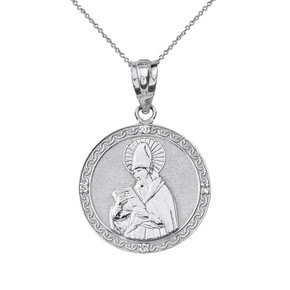 Solid White Gold Engravable Diamond Saint  Augustine Circle Pendant Necklace 1.06"