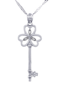 Valentines Special Heart Diamonds - White Gold Key Pendant with Three Hearts Echo