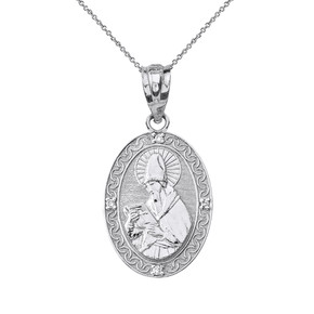 Solid White Gold Engravable Diamond Saint Augustine Oval Pendant Necklace 1.04"