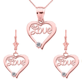 14K "Love" Script Diamond Heart Pendant Necklace Set (Available in Yellow/Rose/White Gold)