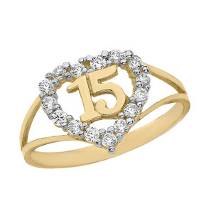 Solid Gold Split Shank CZ Heart Quinceañera Ring