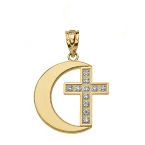 Diamond Crescent Moon and Cross Pendant Necklace in Gold (Yellow/Rose/White)