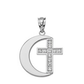 Solid White Gold Diamond Crescent Moon and Cross Pendant Necklace