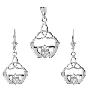 14K Diamond Claddagh Trinity Knot Pendant Necklace Set in White Gold