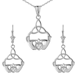 Cubic Zirconia Claddagh Trinity Knot Pendant Necklace Set in Sterling Silver