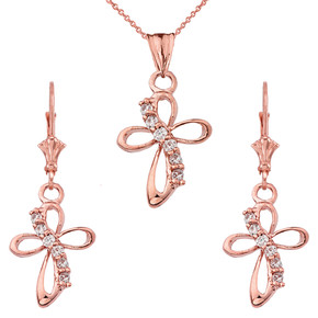 14K Dainty Modern Cross Cubic Zirconia Pendant Necklace Set in Rose Gold