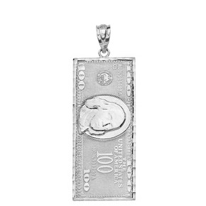 Solid White Gold Benjamin Franklin United States American Hundred Dollar Bill  Pendant Necklace (Large)