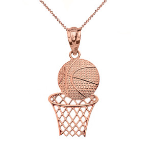 Solid Rose Gold Textured Basketball Hoop Sports Pendant Necklace