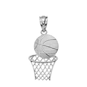 .925 Sterling Silver Textured Basketball Hoop Sports Pendant Necklace