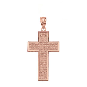 Solid Rose Gold The Lord's Our Father Prayer Cross Pendant Necklace